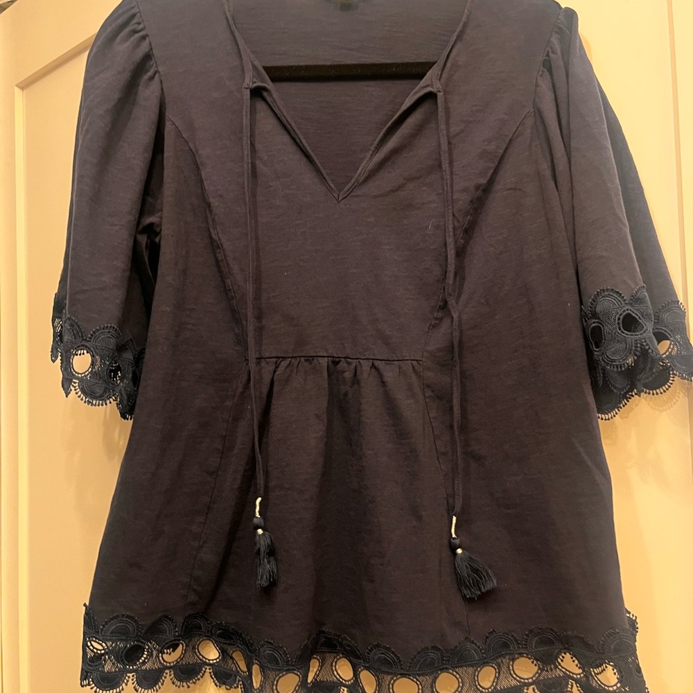 Navy Blue Boden short sleeve Top with Lace Trim